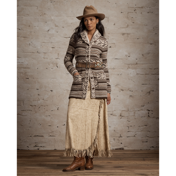 Fringe-Trim Suede Wrap Skirt