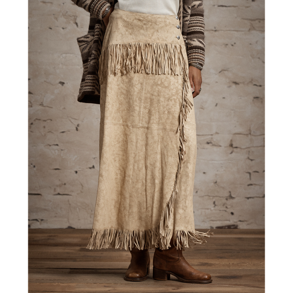 Fringe-Trim Suede Wrap Skirt