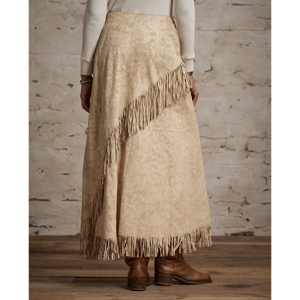 Fringe-Trim Suede Wrap Skirt