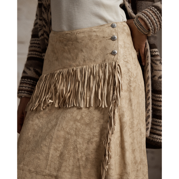 Fringe-Trim Suede Wrap Skirt