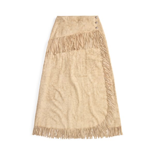 Fringe-Trim Suede Wrap Skirt