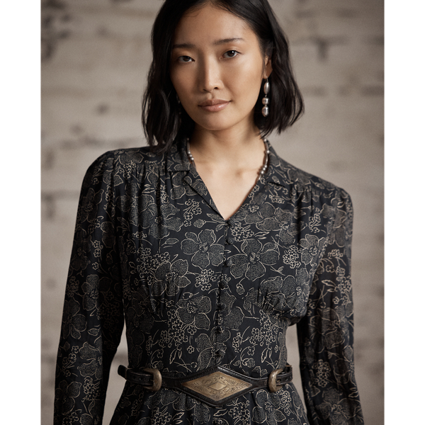 Vintage Black/Cream Floral-Print Crepe Dress RRL 5