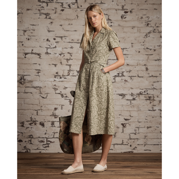 Baumwoll-Leinen-Kleid mit Blumenmuster RRL in Olivgr&uuml;n/Creme 2