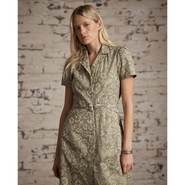 Baumwoll-Leinen-Kleid mit Blumenmuster RRL in Olivgr&uuml;n/Creme 3