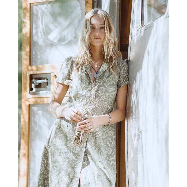 Baumwoll-Leinen-Kleid mit Blumenmuster RRL in Olivgr&uuml;n/Creme 10