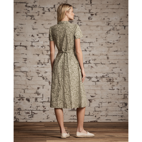 Baumwoll-Leinen-Kleid mit Blumenmuster RRL in Olivgr&uuml;n/Creme 4