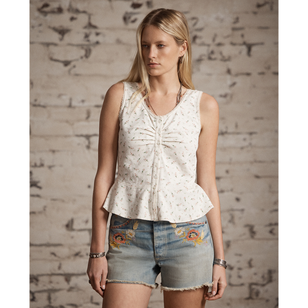 Gebl&uuml;mtes Baumwolloberteil mit Leinen RRL in Creme/Rosa/Gr&uuml;n 2