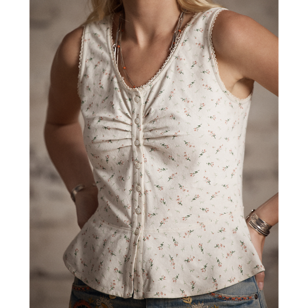 Gebl&uuml;mtes Baumwolloberteil mit Leinen RRL in Creme/Rosa/Gr&uuml;n 5