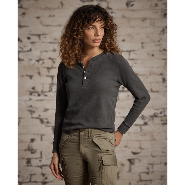 Faded Black Garment-Dyed Waffle-Knit Henley Shirt RRL 2