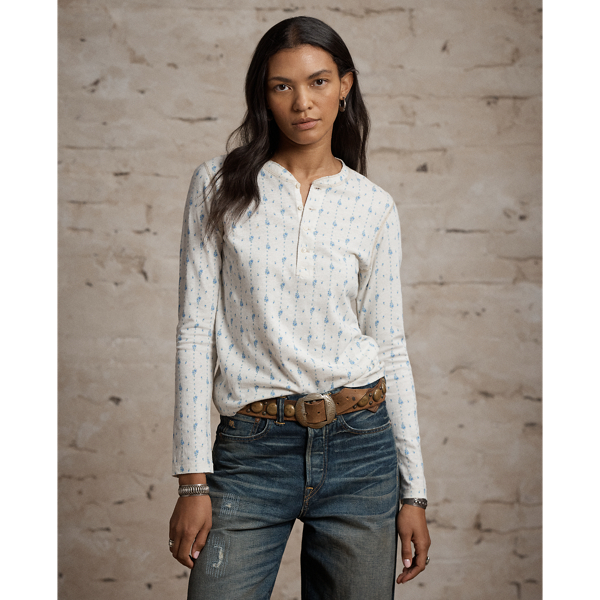 Cream/Vintage Blue Floral Linen-Cotton Henley Shirt RRL 2