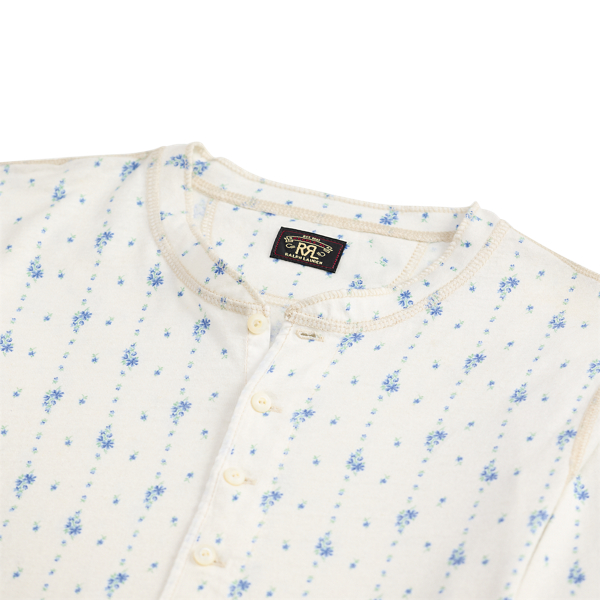 Cream/Vintage Blue Floral Linen-Cotton Henley Shirt RRL 7