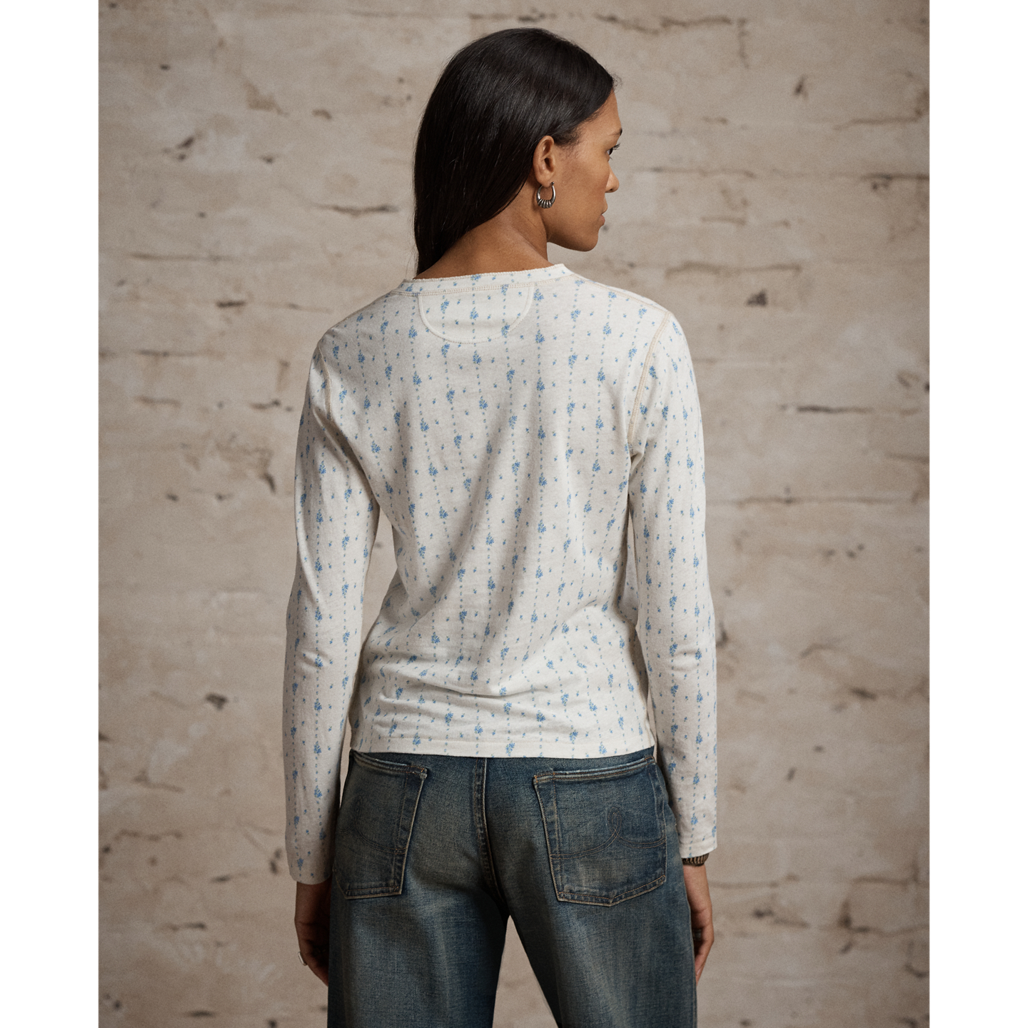 Женская рубашка Ralph Lauren Floral Linen-Cotton Henley, цвет: Кремовый / Винтажный синий — фото 3