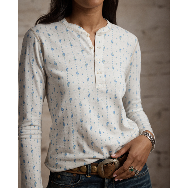 Cream/Vintage Blue Floral Linen-Cotton Henley Shirt RRL 5