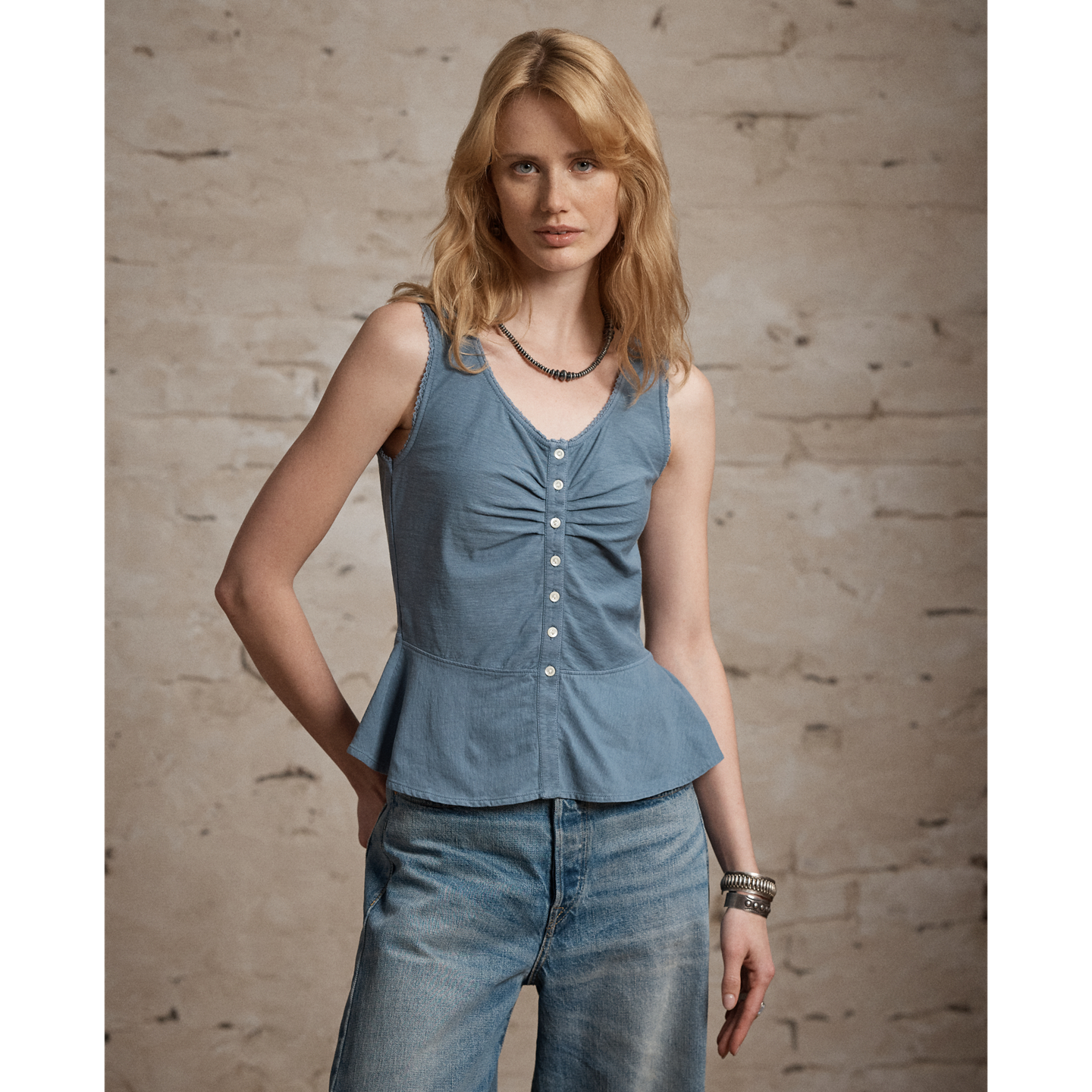 Женский топ Ralph Lauren Cotton-Linen Jersey Camisole, цвет: Состаренный синий — фото 1