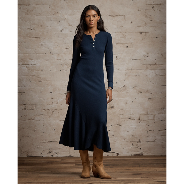 Vintage Navy Stretch Waffle-Knit Henley Dress RRL 2