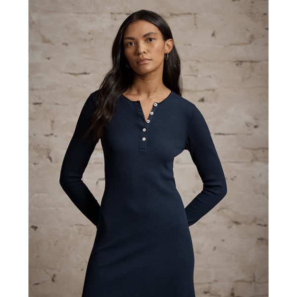 Vintage Navy Stretch Waffle-Knit Henley Dress RRL 3