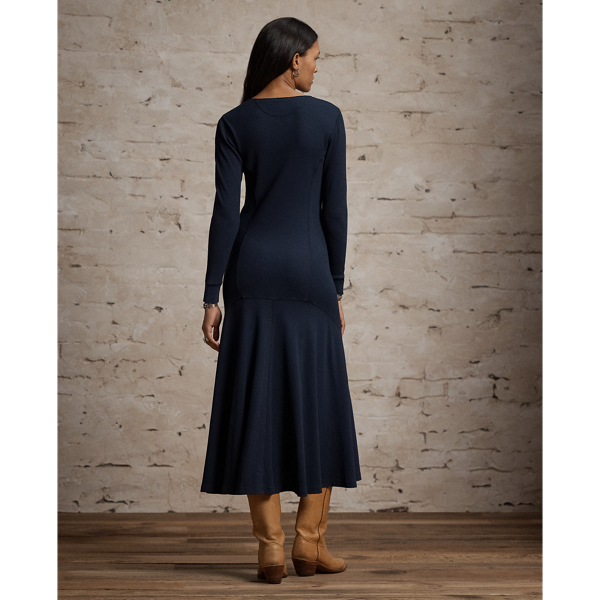Vintage Navy Stretch Waffle-Knit Henley Dress RRL 4