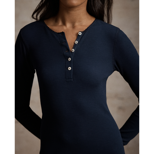 Vintage Navy Stretch Waffle-Knit Henley Dress RRL 5