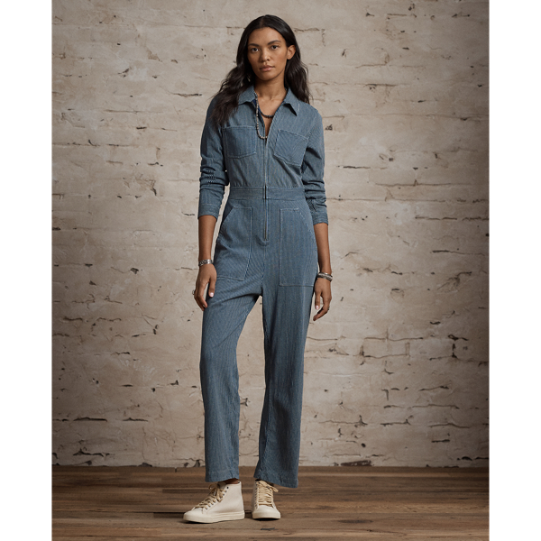 Medium Indigo/Natural Indigo Striped Cotton-Linen Jumpsuit RRL 2