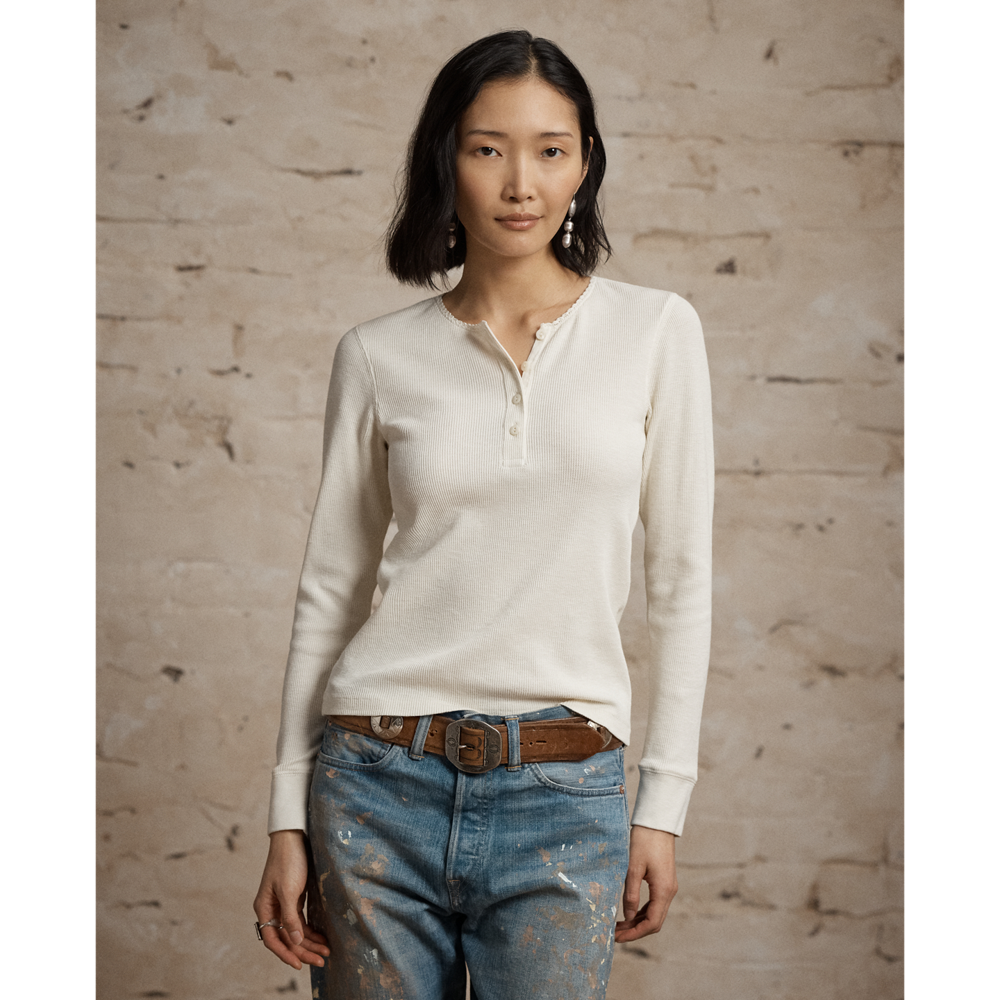 Женская рубашка Ralph Lauren Stretch Waffle-Knit Henley, цвет: Состаренный кремовый — фото 1