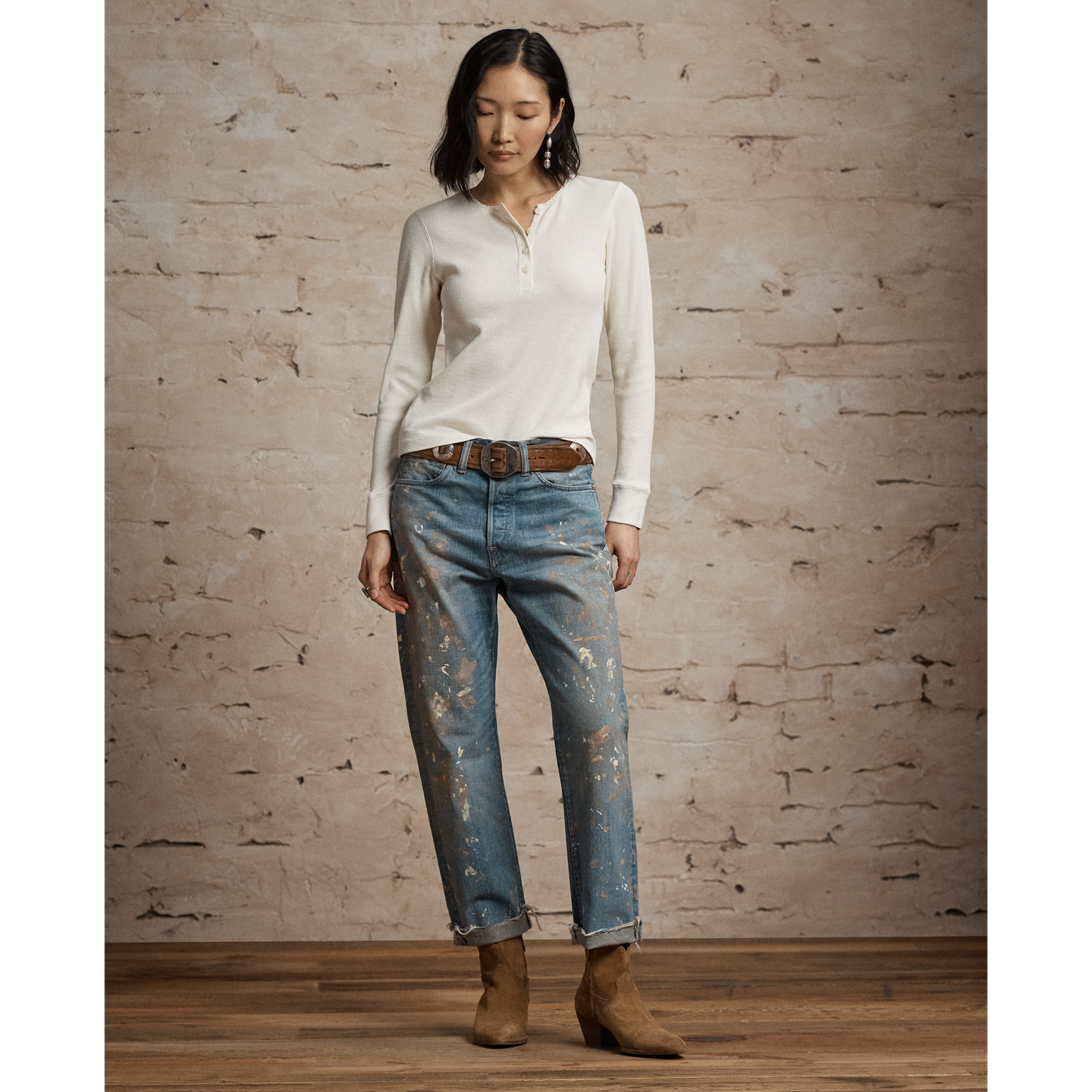 Женская рубашка Ralph Lauren Stretch Waffle-Knit Henley, цвет: Состаренный кремовый — фото 2