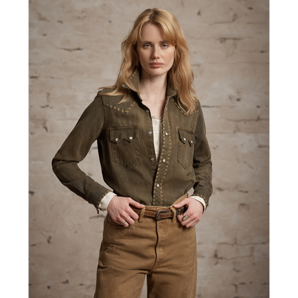 Washed Brown Denim Western Shirt
