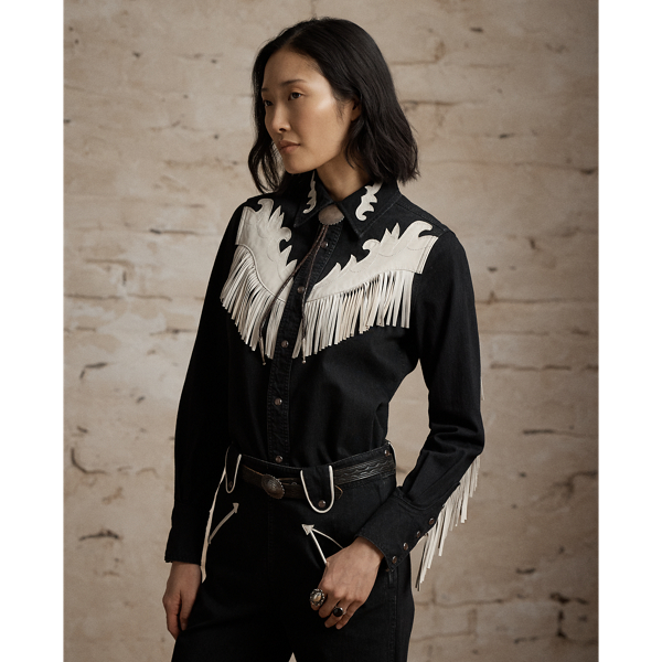 Leather-Fringe Denim Western Shirt