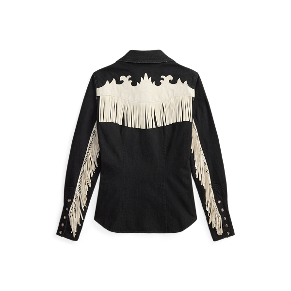 Leather-Fringe Denim Western Shirt