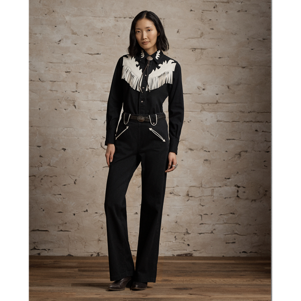 Leather-Fringe Denim Western Shirt