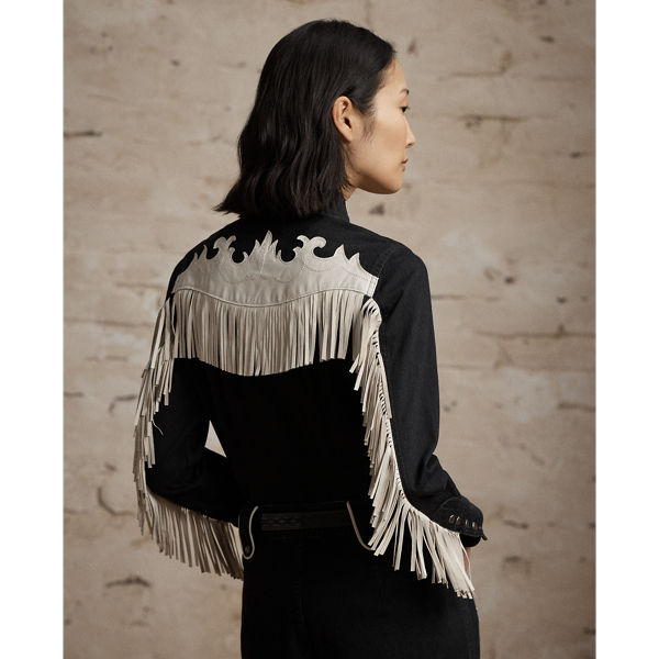 Leather-Fringe Denim Western Shirt