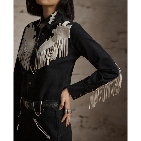 Leather-Fringe Denim Western Shirt