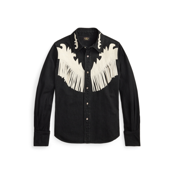 Leather-Fringe Denim Western Shirt