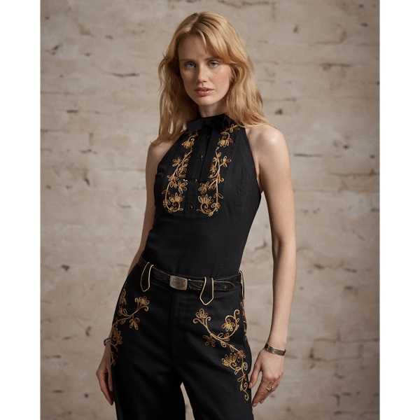Black/Gold Embroidered Twill Western Halter Top RRL 2