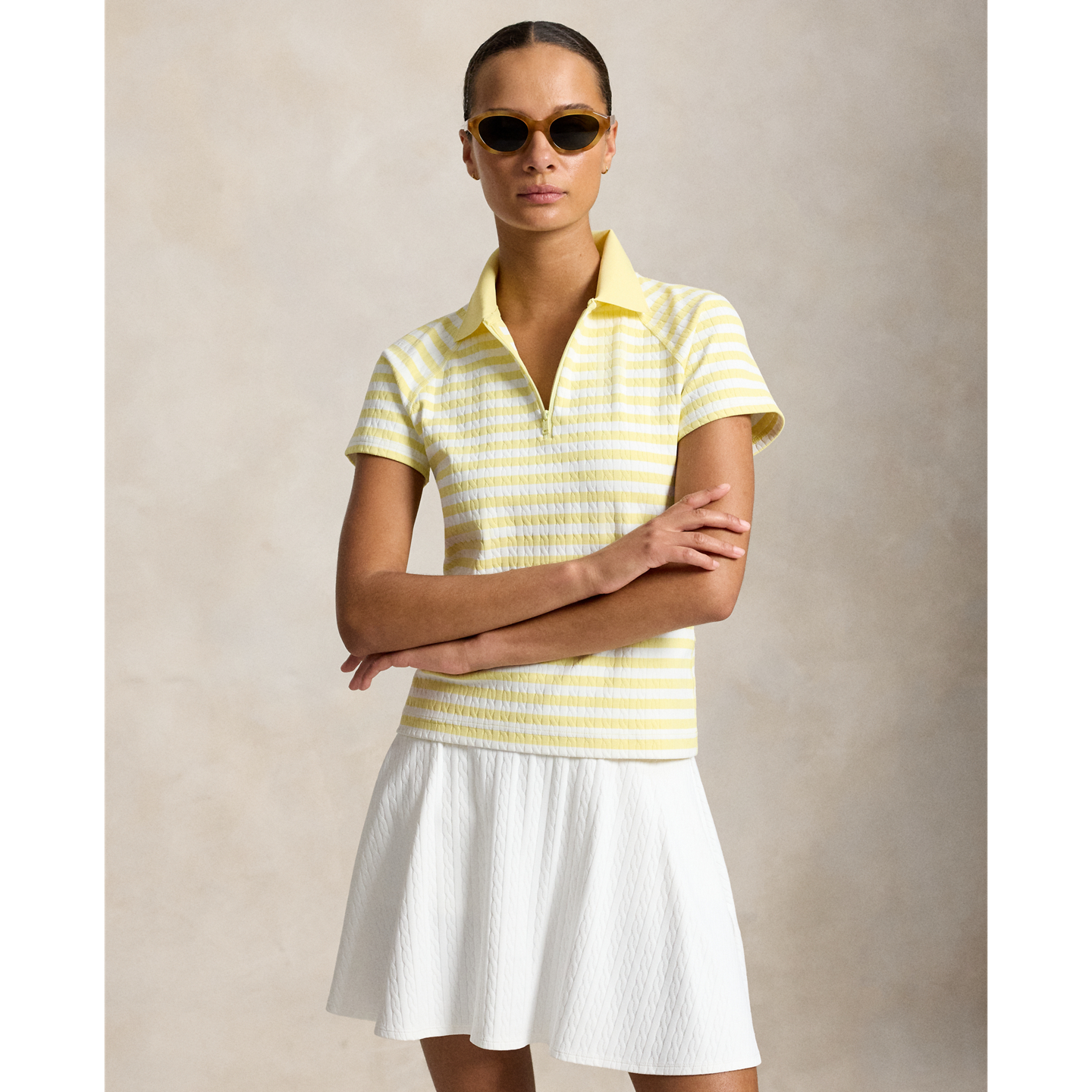 Женское поло Ralph Lauren Striped Cable Quarter-Zip Polo, цвет: Жёлтый / Белый — фото 4