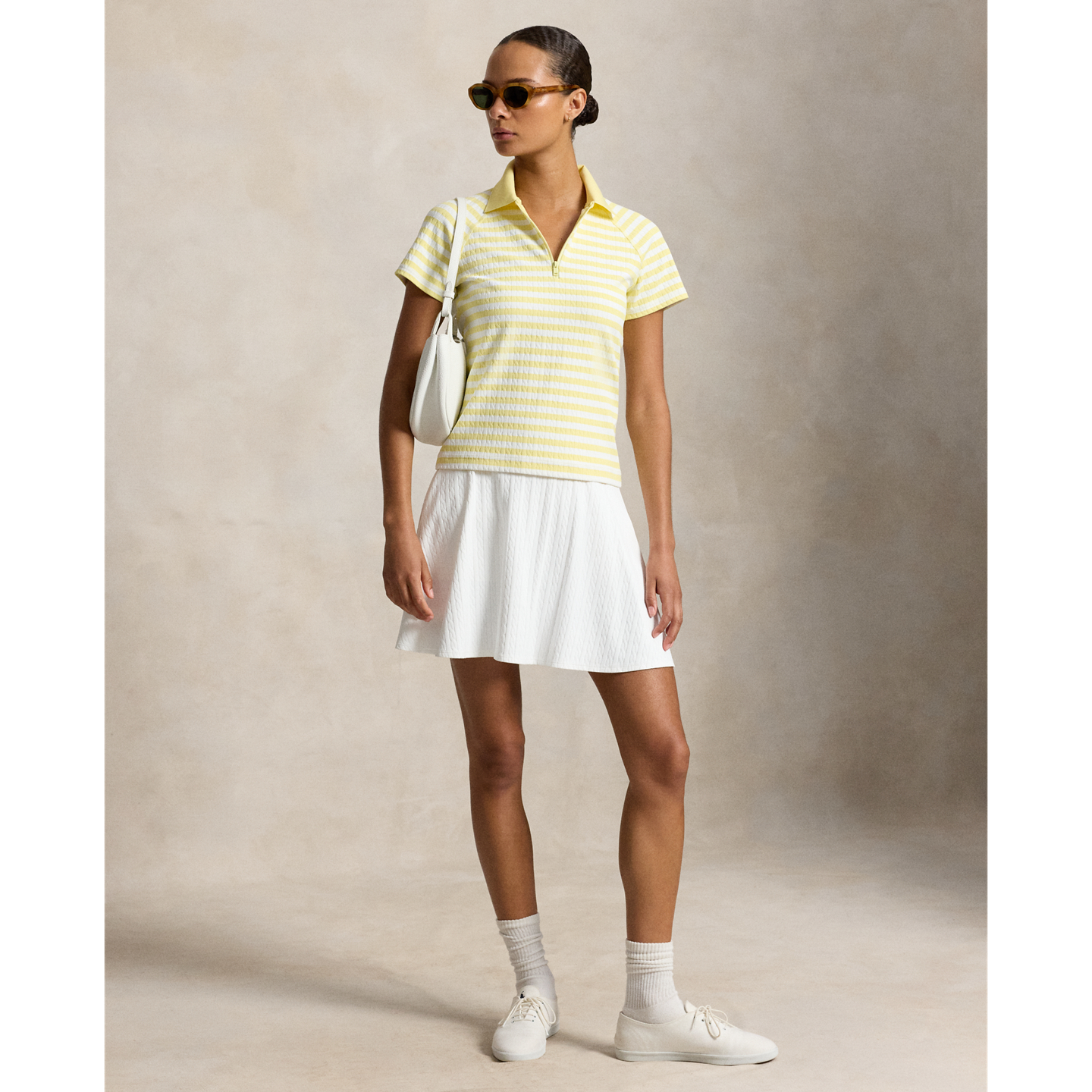 Женское поло Ralph Lauren Striped Cable Quarter-Zip Polo, цвет: Жёлтый / Белый — фото 1