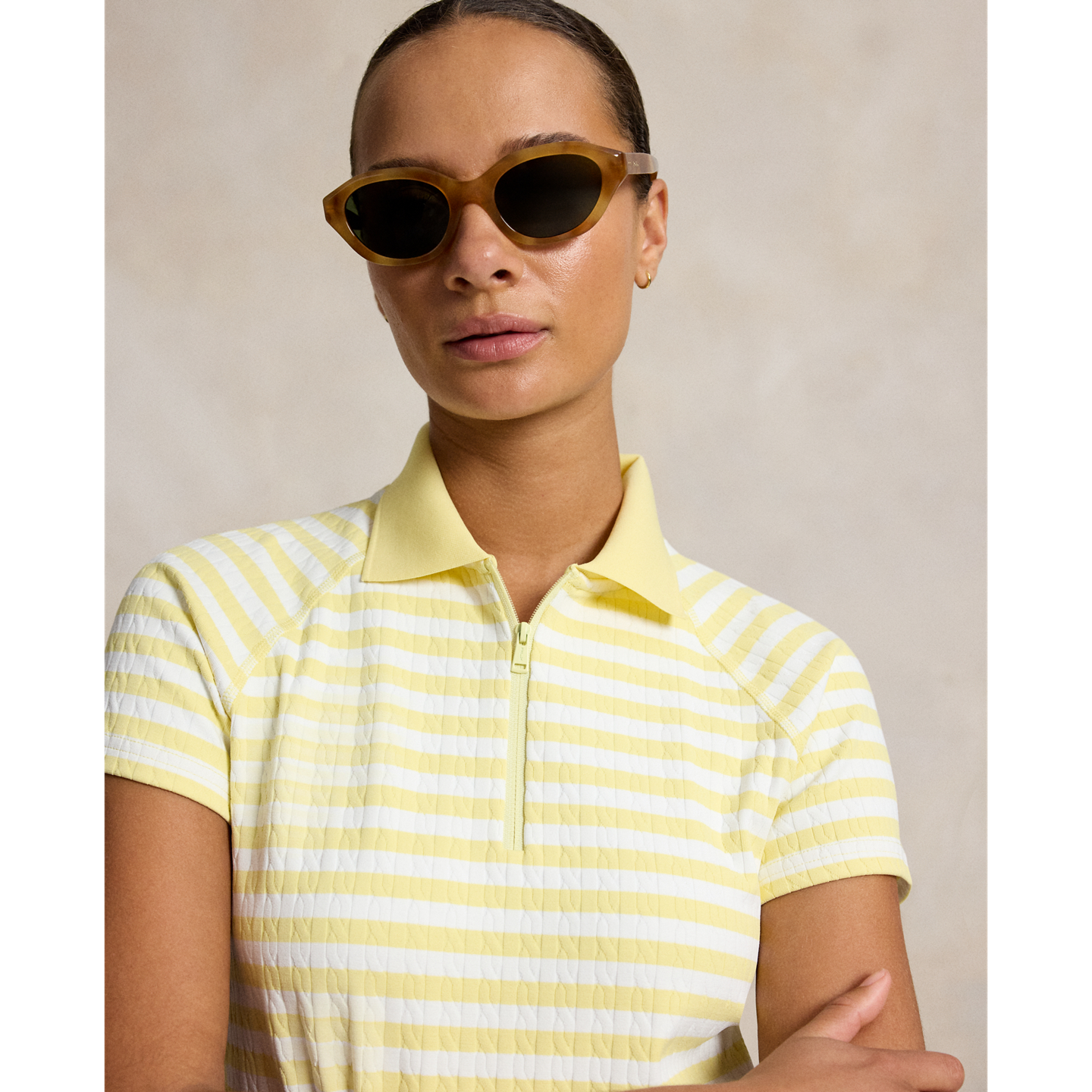 Женское поло Ralph Lauren Striped Cable Quarter-Zip Polo, цвет: Жёлтый / Белый — фото 3