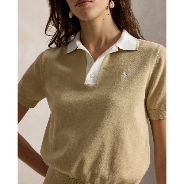 Pullover mit Polokragen RLX in D&uuml;nen-Sandbr./W. Farbspr. 6