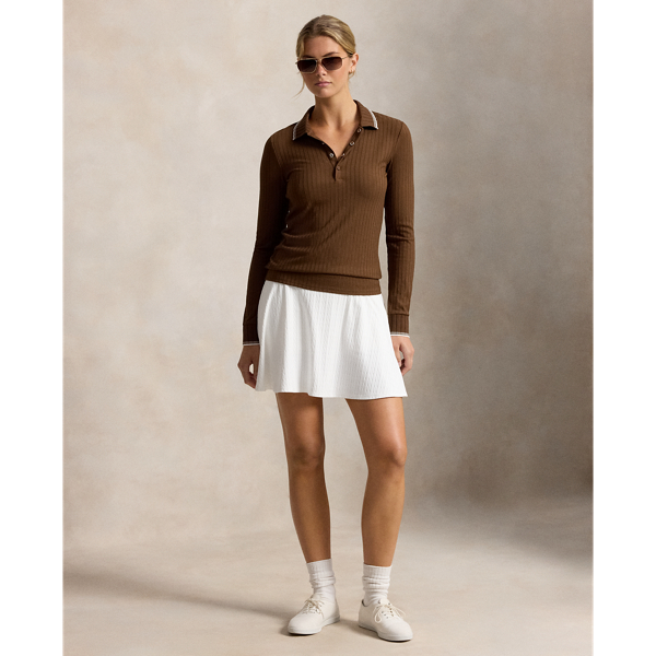 Geripptes Slim-Fit Langarm-Poloshirt RLX in Mousse au Chocolat/Wei&szlig; 3