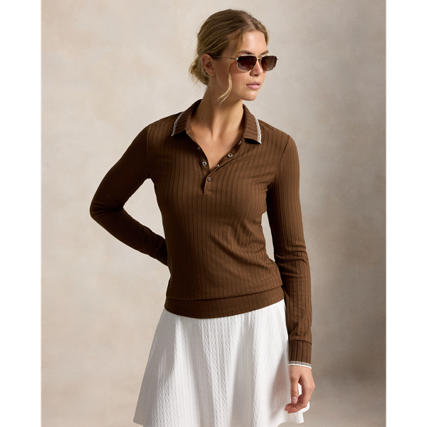 Geripptes Slim-Fit Langarm-Poloshirt RLX in Mousse au Chocolat/Wei&szlig; 1