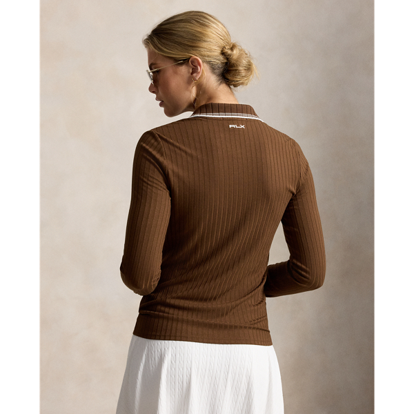 Geripptes Slim-Fit Langarm-Poloshirt RLX in Mousse au Chocolat/Wei&szlig; 4
