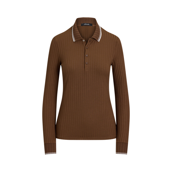 Polo c&ocirc;tel&eacute; &agrave; manches longues Slim Fit RLX en Mousse au chocolat/Blanc 1