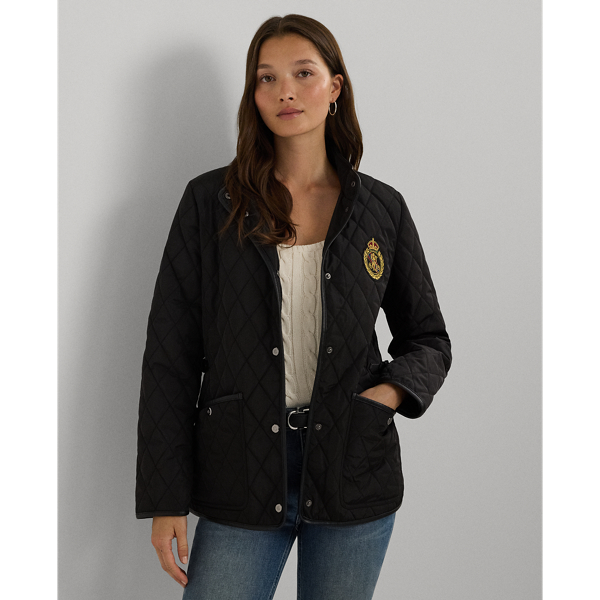 Buckle Trim Crest Patch Quilted Jacket