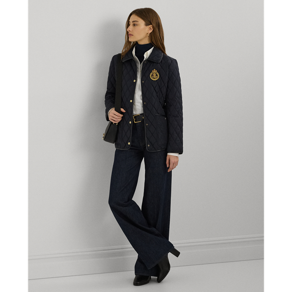 Dark Navy Faux-Leather-Trim Crest-Patch Jacket Lauren Petite 4