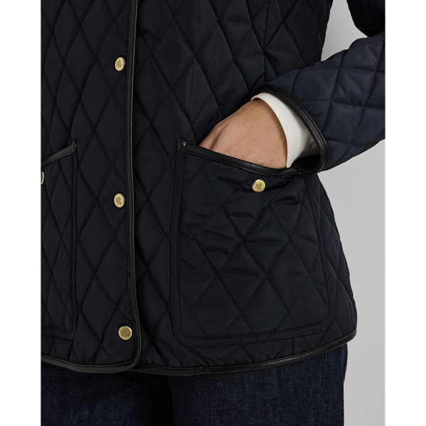 Dark Navy Faux-Leather-Trim Crest-Patch Jacket Lauren Petite 6