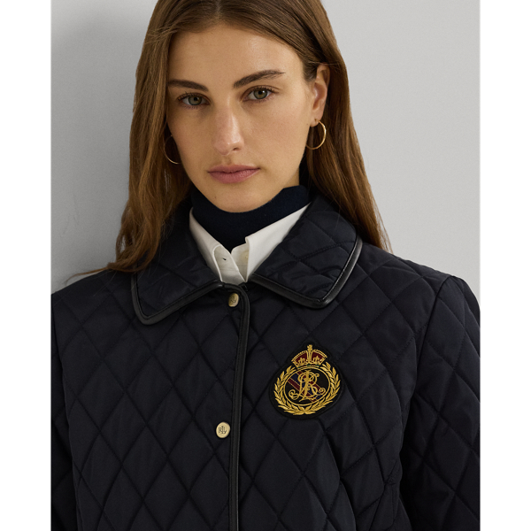 Dark Navy Faux-Leather-Trim Crest-Patch Jacket Lauren Petite 7