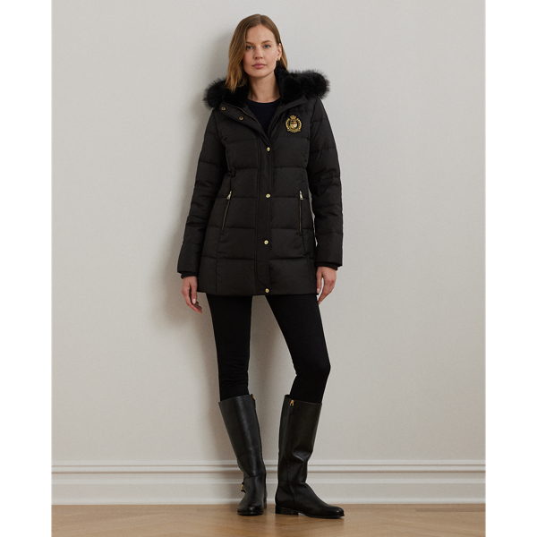 Black Crest-Patch Hooded Down Coat Lauren Petite 1