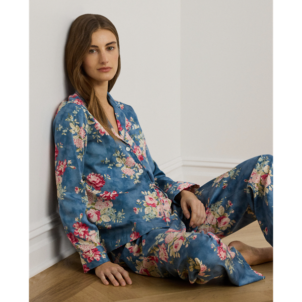 Blue Floral Print Floral Cotton-Blend Sateen Sleep Set Lauren Petite 1