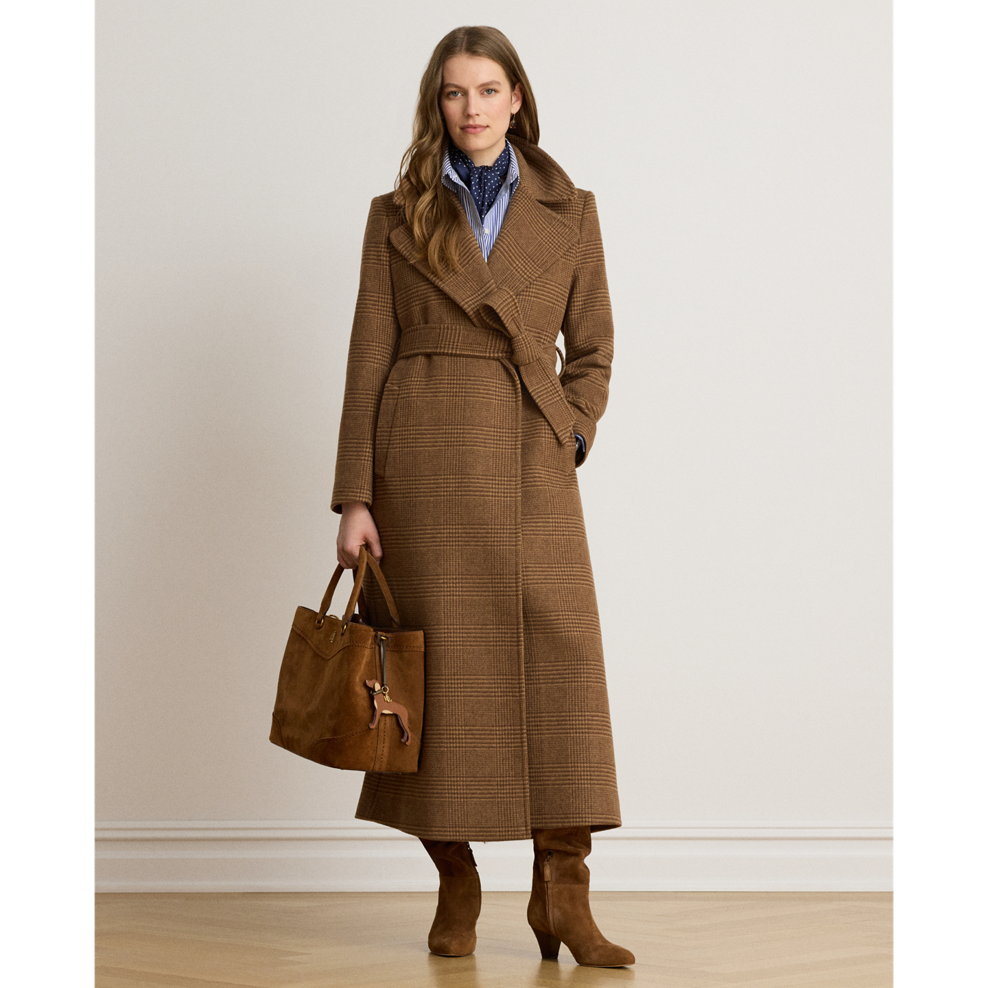Женские куртки Ralph Lauren Glen Plaid Wool-Blend Wrap Maxicoat, цвет: Верблюжий / Коричневый — фото 5