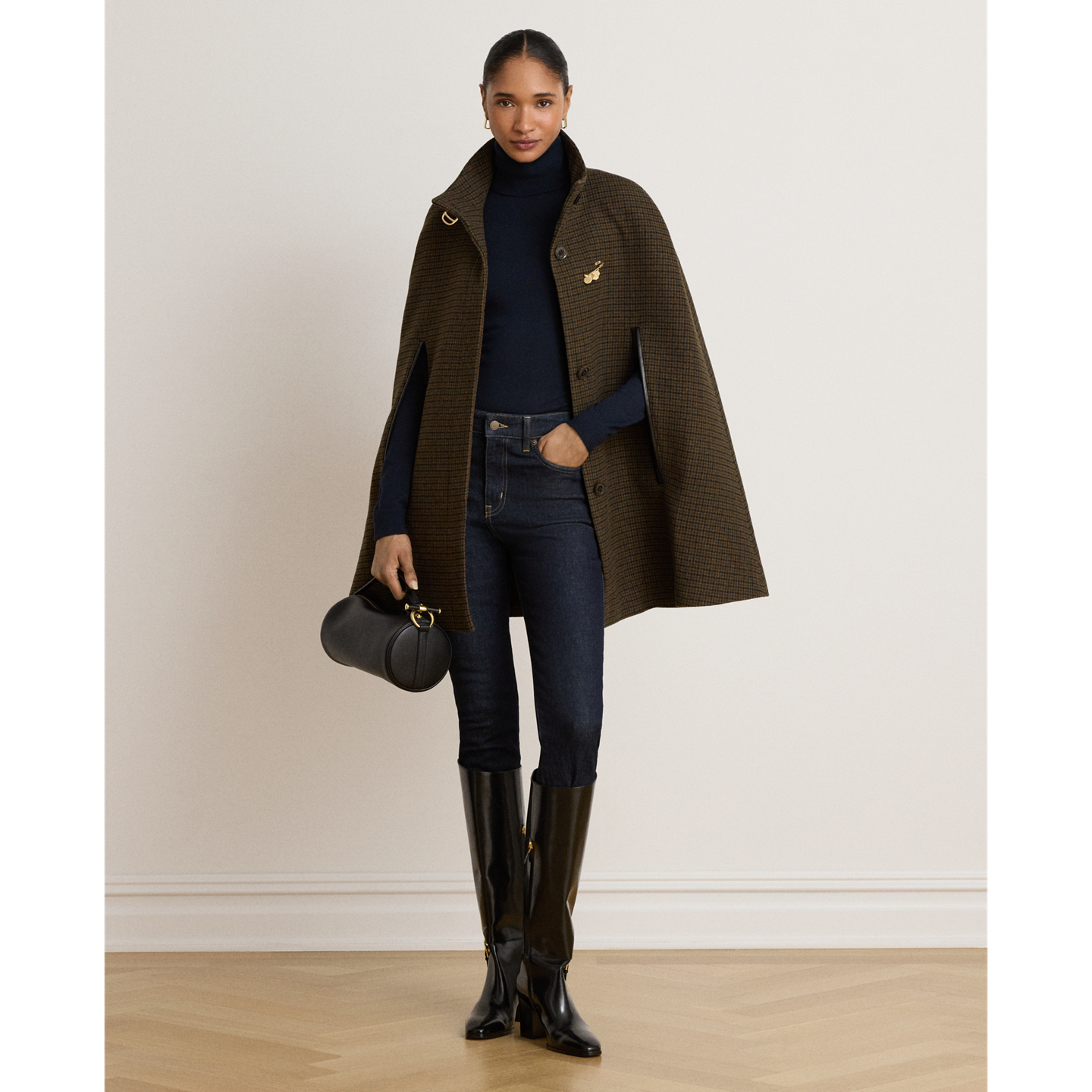 Ralph Lauren Houndstooth Buckle-Trim Mockneck Cape, цвет: Тёмно-зелёный / Чёрный — фото 4