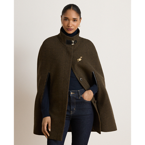 Ralph Lauren Houndstooth Buckle-Trim Mockneck Cape, цвет: Тёмно-зелёный / Чёрный